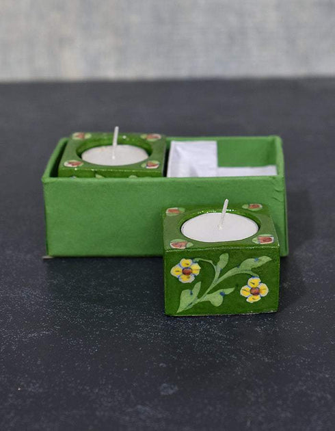 Jaipur Blue Pottery Square T-Light Holder Set of 2 pcs Green Base with Yellow Florals in a Gift Box